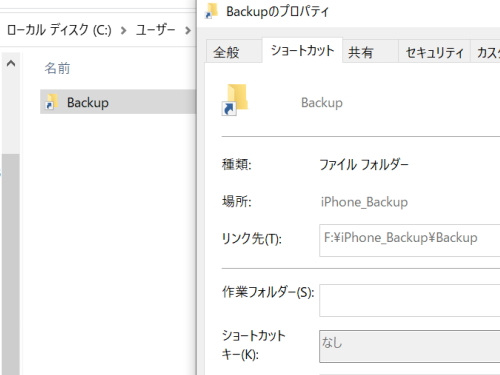 バックアップのリンク先がFディレクトリとなっている。