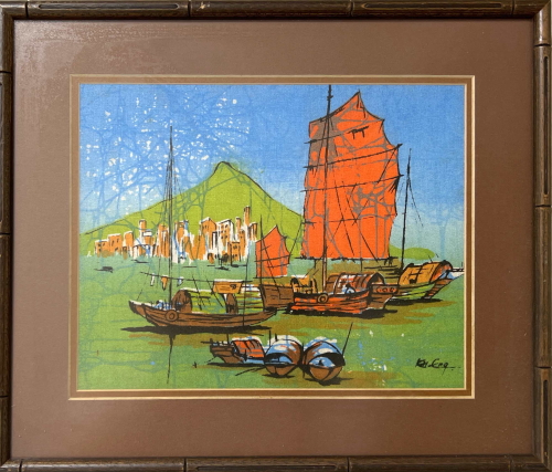 オレンジ色の帆船を描いたマレーシアの現地作家の絵