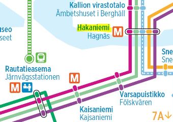中央駅からハカニエミまでトラム路線図