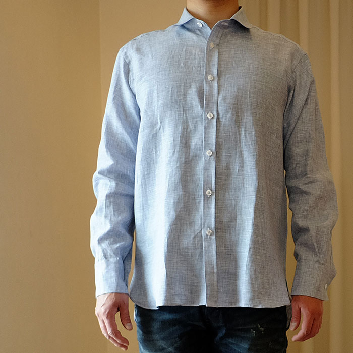 ジェームスモルティマーIrish Linen L/Sレギュラーカラーシャツ#ブルー千鳥