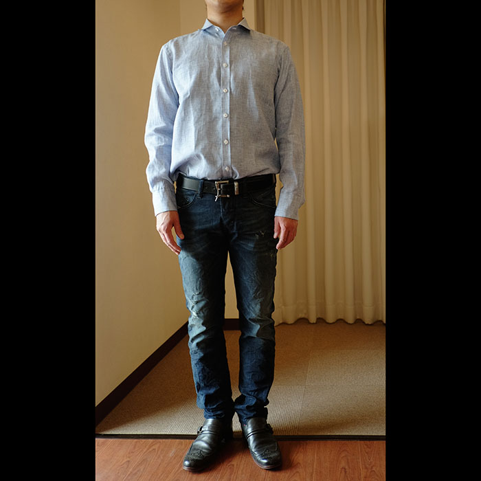 ジェームスモルティマーIrish Linen L/Sレギュラーカラーシャツ#ブルー千鳥