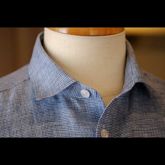 ジェームスモルティマーIrish Linen L/Sレギュラーカラーシャツ#ブルー千鳥