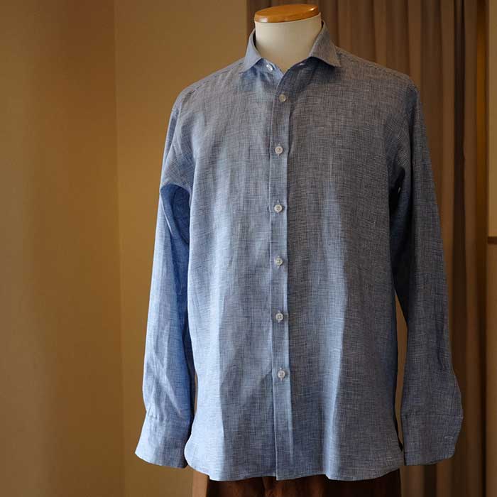 ジェームスモルティマーIrish Linen L/Sレギュラーカラーシャツ#ブルー千鳥