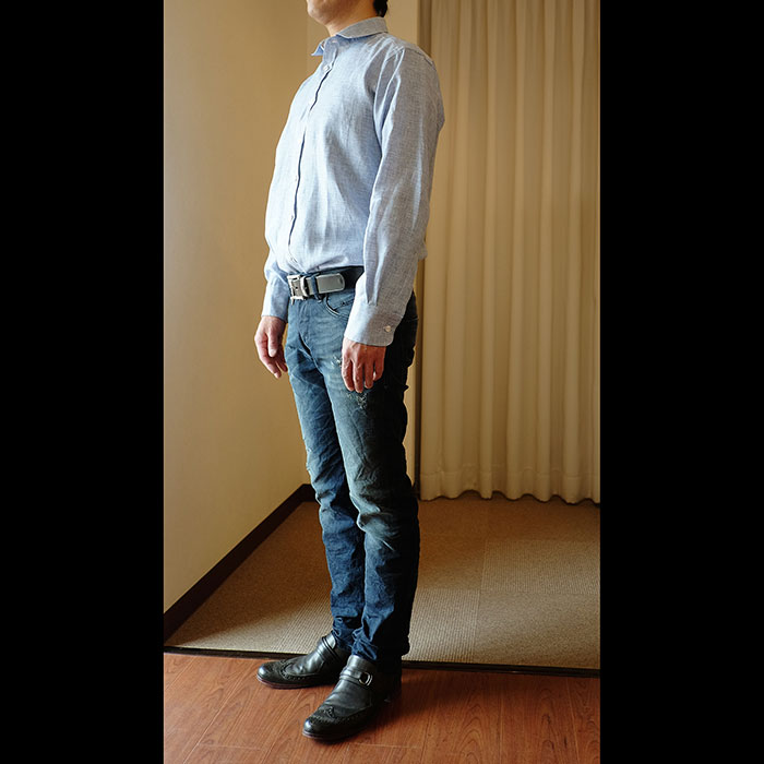 ジェームスモルティマーIrish Linen L/Sレギュラーカラーシャツ#ブルー千鳥