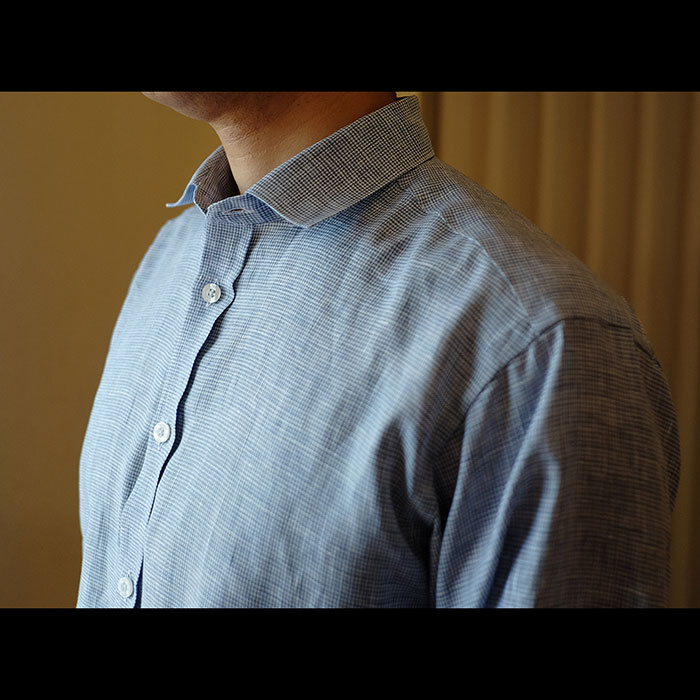 ジェームスモルティマーIrish Linen L/Sレギュラーカラーシャツ#ブルー千鳥