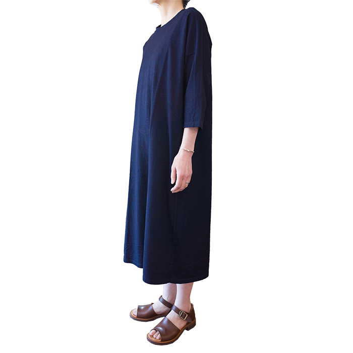homspun [ホームスパン]インディゴ天竺七部袖ワンピース＃濃ブルー