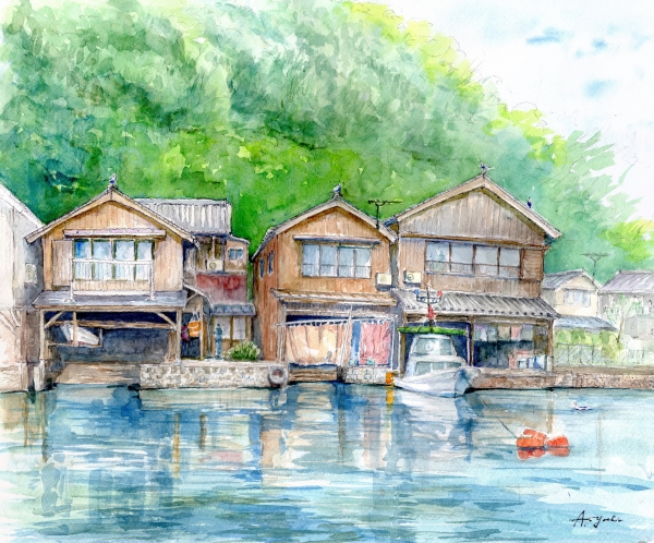 伊根の舟屋（京都府、伊根町） - 岡山のhiroの水彩画