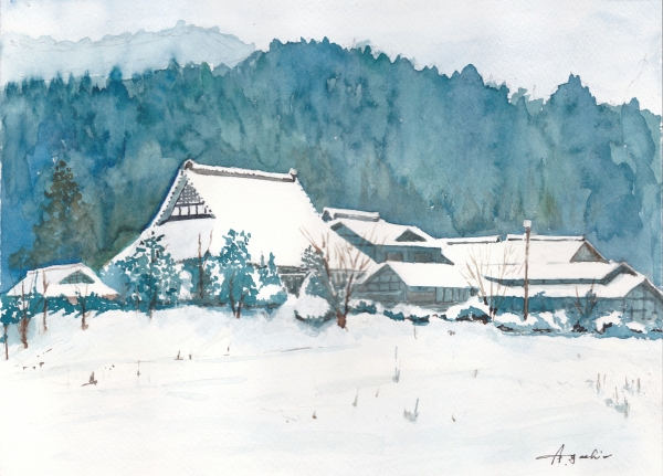 『冬の信州』 - 水彩画 冬の信州』 - 水彩画