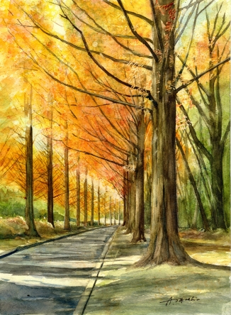 油絵　メタセコイヤのある風景 油絵 メタセコイヤのある風景 油絵】メタセコイヤ並木 瀬良風香