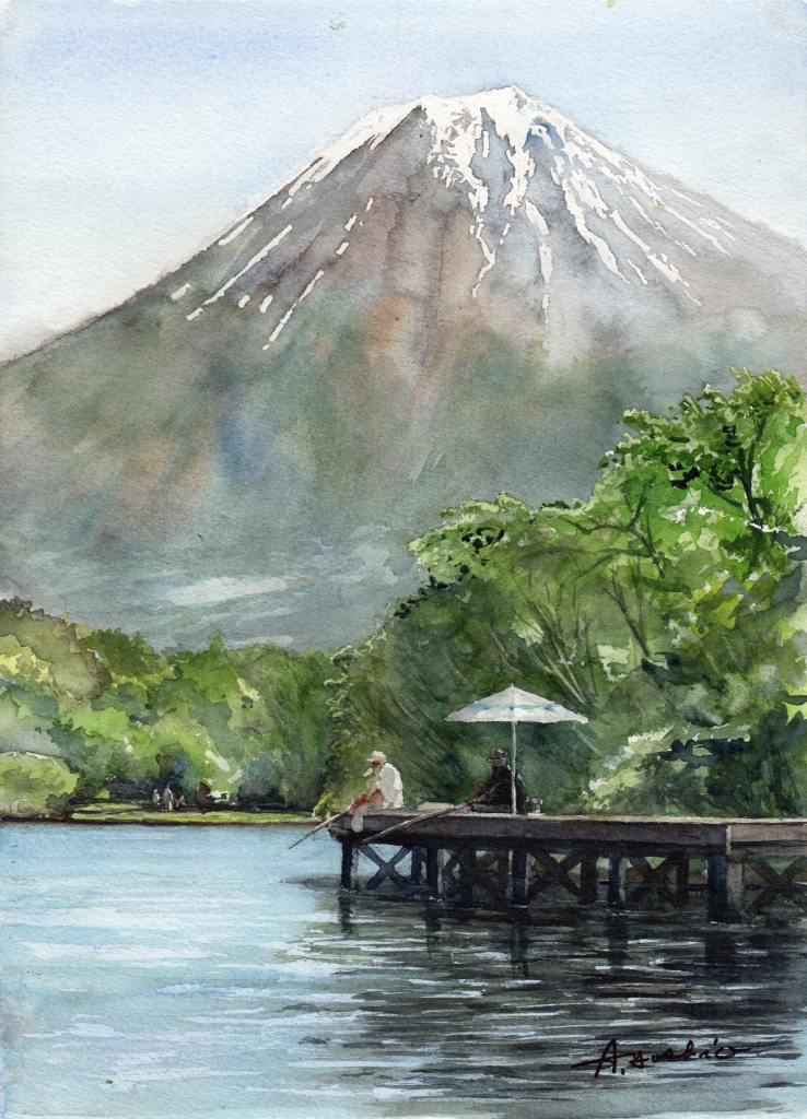 釣り人の水彩画（額縁付き）原画 釣り人の水彩画（額縁付き）原画