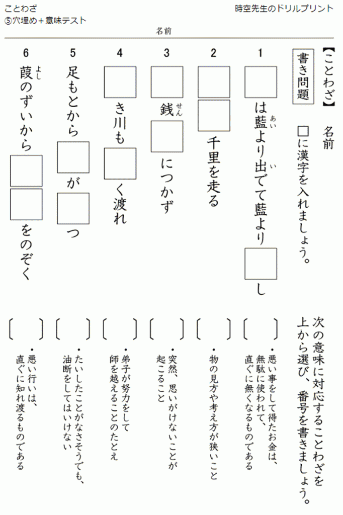 ことわざプリントの作成サイト 時空先生のドリルプリント