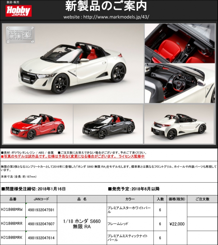 HOBBY JAPAN (ホビージャパン)新製品予約案内 1/18 ホンダ S660 無限