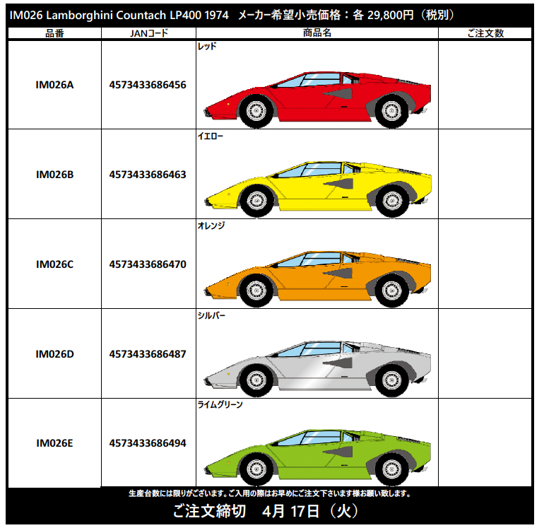 IDEA (イデア)新製品予約案内（IM026 : ランボルギーニ カウンタック