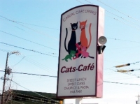 『キャッツカフェ』の看板は猫がいっぱい