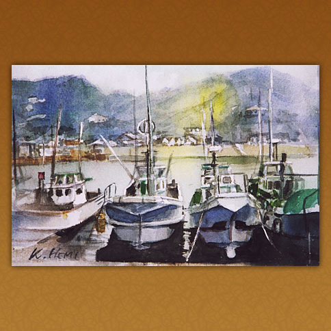 安い購入 水彩画 港の風景 絵画