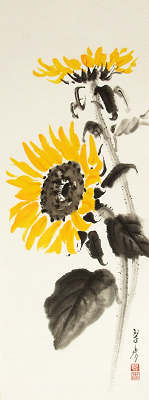 水墨画の花（墨彩画）ヒマワリ（向日葵）・ホオズキ（鬼灯）・リンドウ