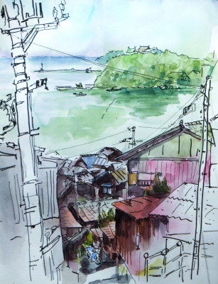 真作】絵画 水彩（色紙） フランクフルトのまち スケッチ風景 Y197 真