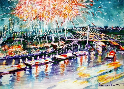 大阪天神祭り「舟渡御」　版画 大阪天神祭り「舟渡御」 版画 石版画大阪名所 天神祭舟御渡り(楓