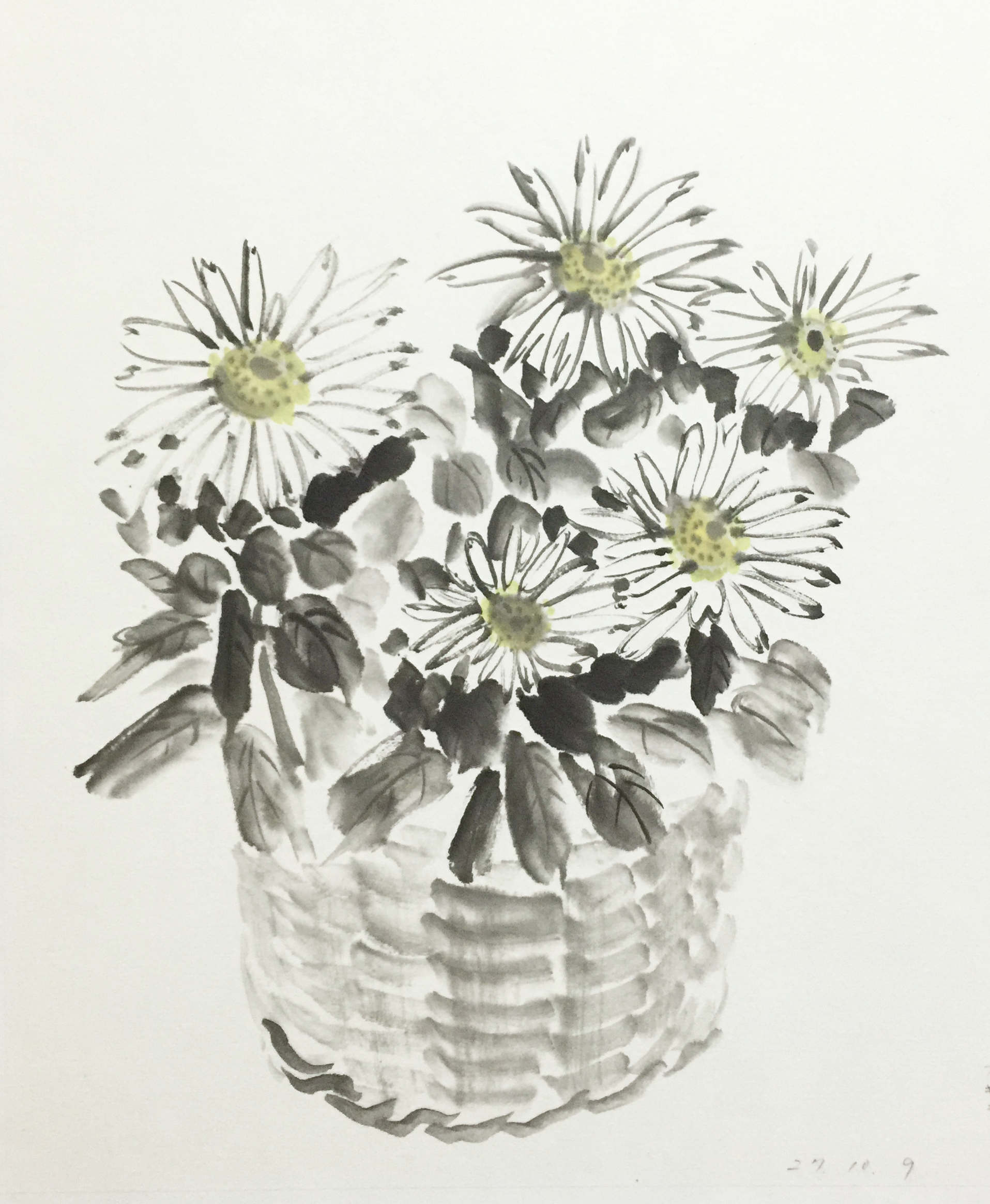 水墨画の花（墨彩画）・アゲラタム・ハマギク・レインリリー | 綺麗