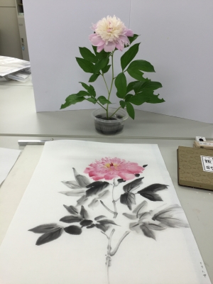 水墨画の花（墨彩画）クチナシ（梔子）・ムラサキツユクサ（紫露草