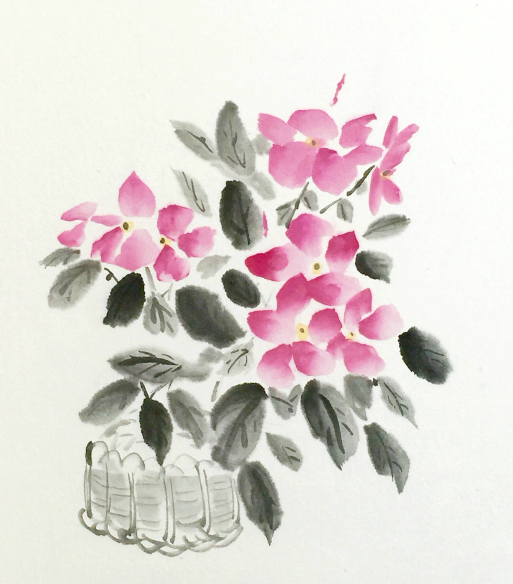 水墨画の花(墨彩画)・ニチニチソウ(日々草)・タカサゴユリ 水墨画の花(墨彩画)・ニチニチソウ(日々草)・タカサゴユリ