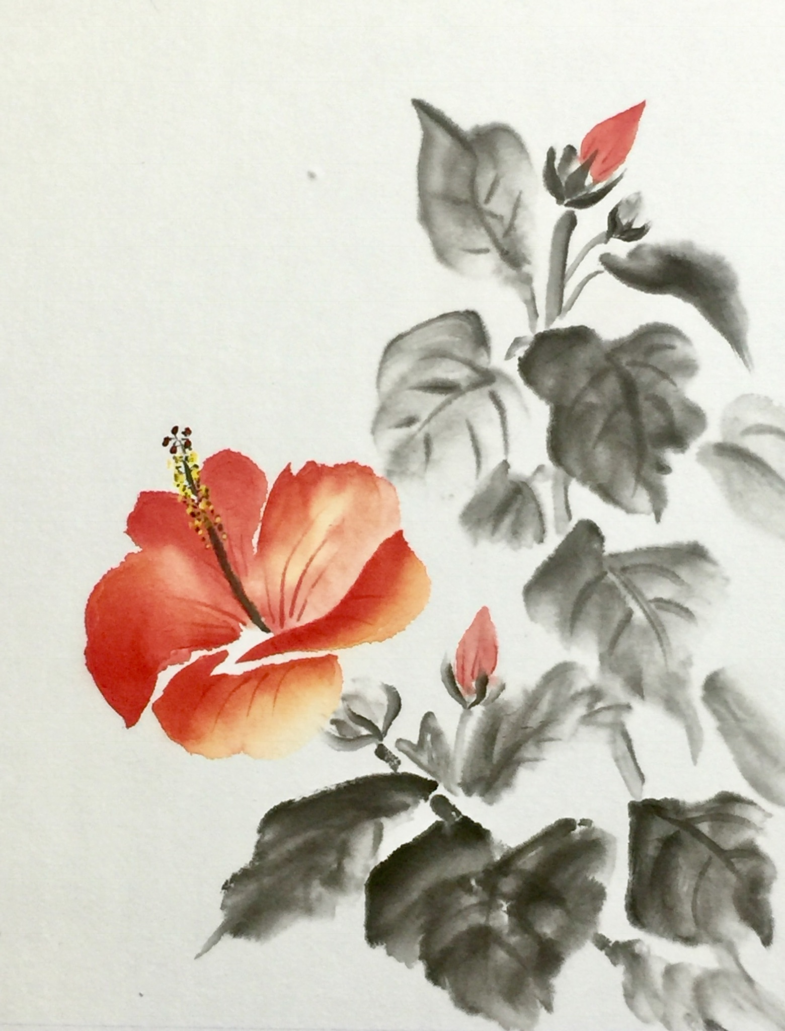 円形水墨画 花の作品 水墨画家 小嶋志津 八重桜水墨画日記 suibokuga artist kojima