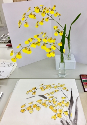 水墨画の花（墨彩画）オンシジュウム・スプレーマム