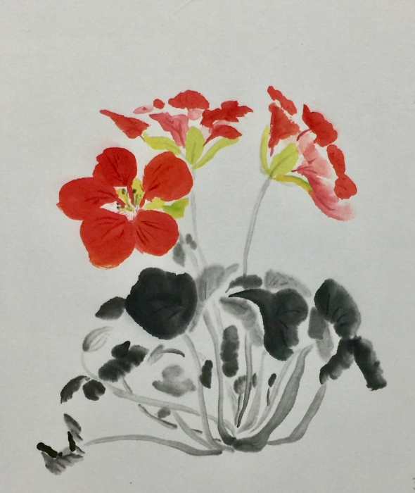 円形の水墨画 赤い花 円形の水墨画 赤い花（彩墨画「紅葉」 福田勝司筆 | 水墨画・達