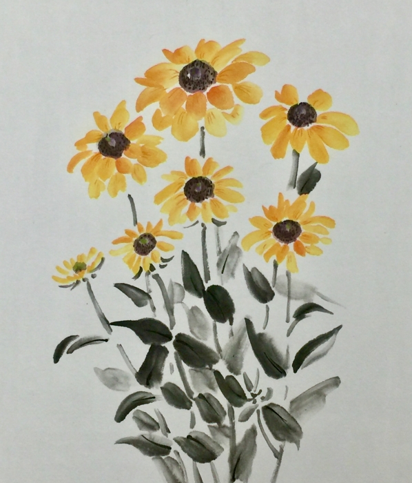 水墨画の花（墨彩画）ルドベキア・九谷焼・カラー・ナス