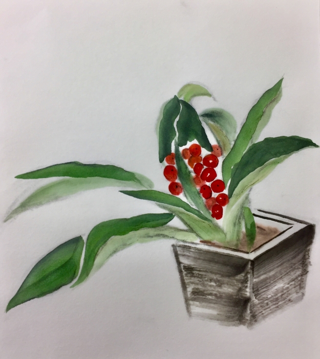 水墨画の花（墨彩画）オモト・ポッピングスター・シクラメン