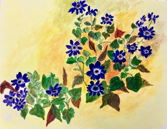 水墨画の花（墨彩画）セネッティ・タチアオイ・キキョウ・セルリア