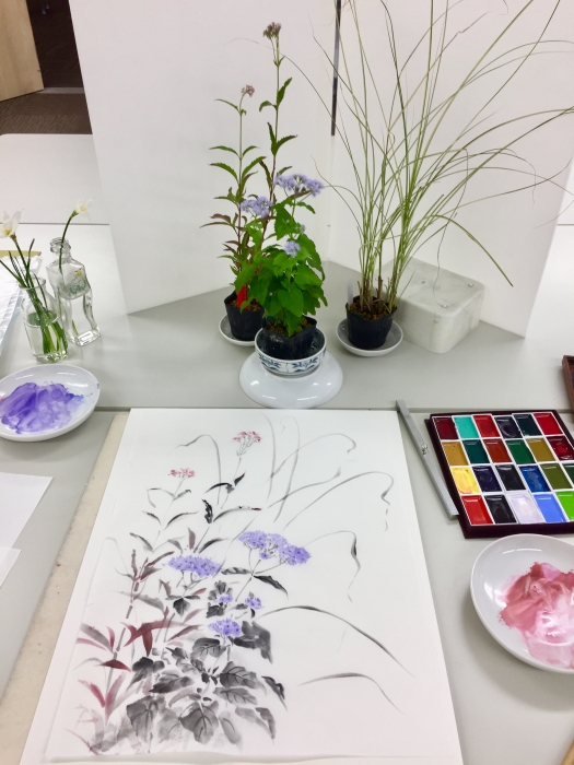 水墨画の花（墨彩画）フジバカマ・イトススキ・ヨウシュヤマゴボウ