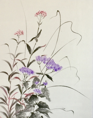 水墨画の花（墨彩画）フジバカマ・イトススキ・ヨウシュヤマゴボウ