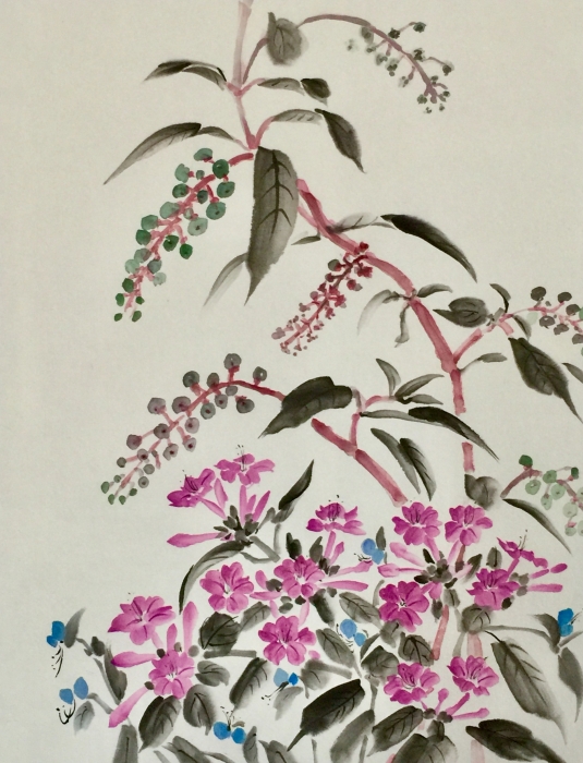 水墨画の花（墨彩画）フジバカマ・イトススキ・ヨウシュヤマゴボウ