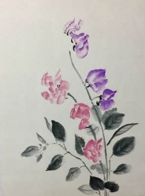 水墨画の花（墨彩画）サイネリア・スイトピー・ツバキ・ボケ