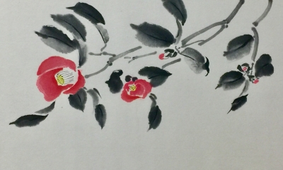 水墨画の花（墨彩画）サイネリア・スイトピー・ツバキ・ボケ