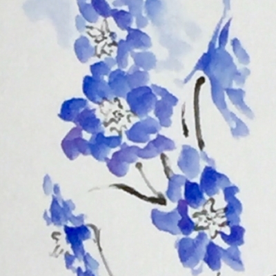 髙早翠香 水墨画の花（墨彩画）デルフィニウム・グラジオラス