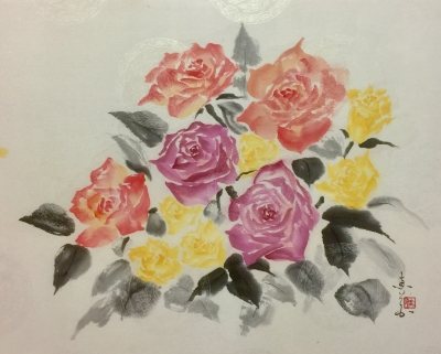 円形水墨画 花の作品 円形水墨画 花の作品