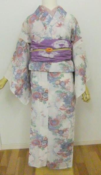 小千谷ちぢみ　花柄 小千谷ちぢみ 白地にカラフルなお花柄 | リサイクル着物 菅野