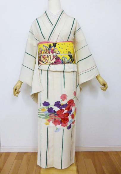 人気商品の中古品・新品・未使用品 初夏の風を纏う」スイートピーの単衣付け下げと七色薔薇帯 | は 着物・浴衣