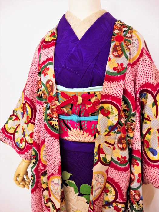 アンティーク明るいピンクにねじり梅の花の着物と帯 アンティーク