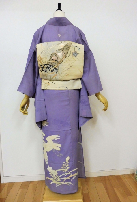 アンティーク名古屋帯 白鷺の刺繍 名古屋帯 魚と鳥の刺繍 ネイビー 染