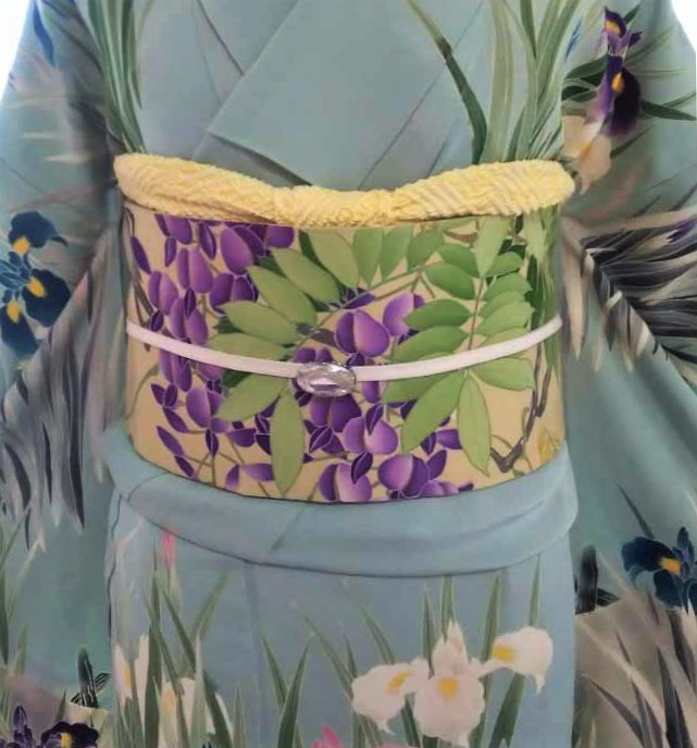 菖蒲と板橋の単衣中振袖に手描き藤の名古屋帯 | はきもの