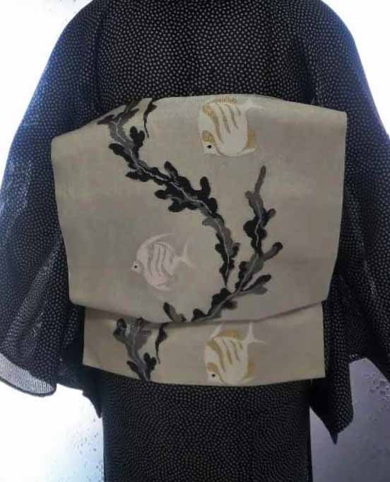 珍柄！夏着物 絽 訪問着 黒 熱帯魚 エンゼルフィッシュ 刺繍 正絹