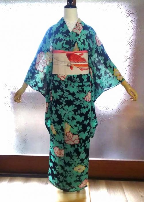 芙蓉と朝顔のジョーゼット小紋に鯉の刺繍入り絽名古屋帯 | はきもの 
