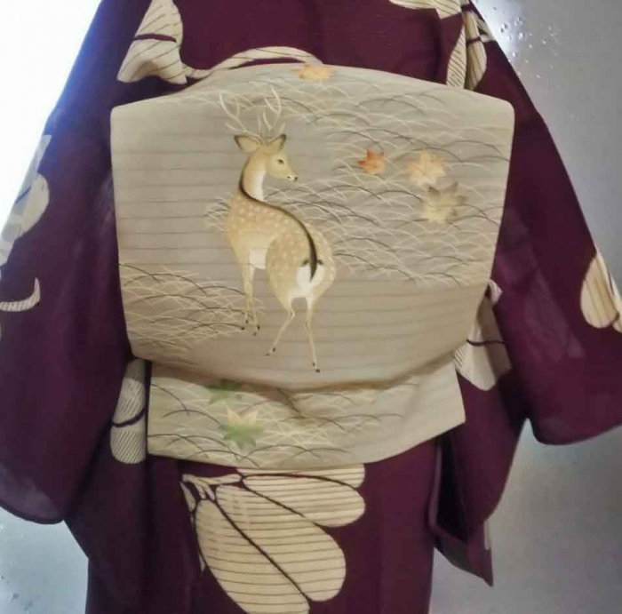 正絹 名古屋帯 金糸 山 萩 鹿 反物 シミあり 正絹 名古屋帯 金糸 山 萩 鹿 反物 シミあり