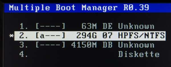 01 MBMをインストールしたHDDからの起動画面 この3-DB Unknown がリカバリーの正体です。1-DEは、パソコンのメモリテストなどを行うソフトが入ってます。