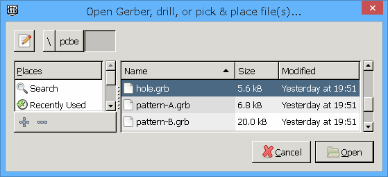 hole.grb 1つだけ選択し 右下のOpen