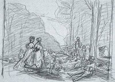 Claude Monet, The Luncheon on the Grass, c. 1865. Black chalk on blue-grey laid paper, 305 x 468 mm. National Gallery of Art, Washington, DC. Collection of Mr and Mrs Paul Mellon