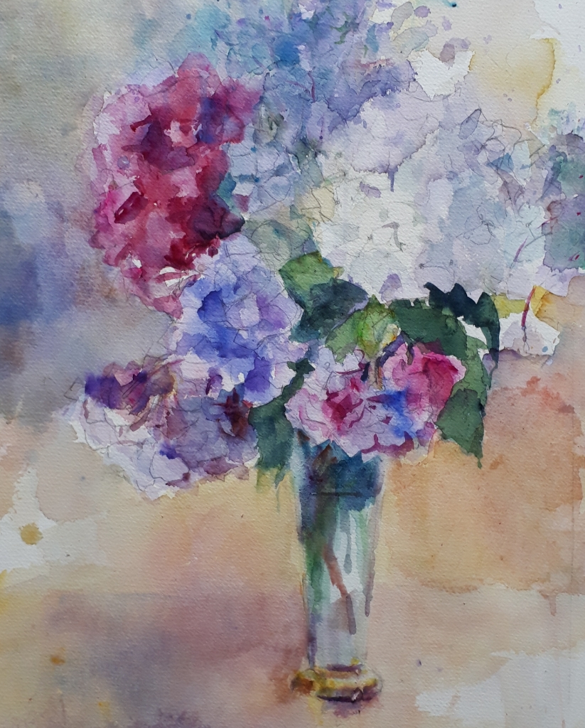 水彩画　紫陽花とニゲラの実 水彩画 紫陽花とニゲラの実